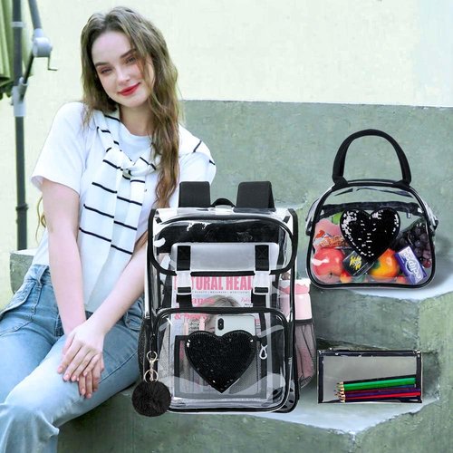 FTJCF 3PSC Clear Backpack, Heavy Duty Transparent Bookbag for Girls Women, Stadium Approved See Through Backpack Set (Black Sequins)
