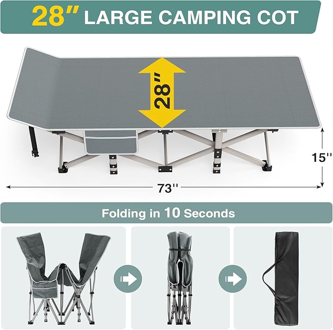 ZENPETIO Camping Cot for Adults, Portable Foldable Camp Bed with Mattress & Carry Bag, Outdoor Sleeping Cots for Camping, Travel, Home, Office, 2025 Updated