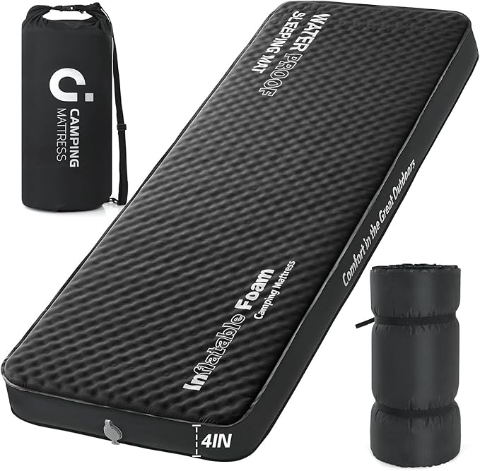 Self Inflating Sleeping Pad, 4in Ultra-Thick Foam Camping Mattress with Air Pump Sack Small Single Size, Sleeping Mats for Adults Inflatable Camping Pad, Single Bed, Travel, Car, Tent, Home, Black7