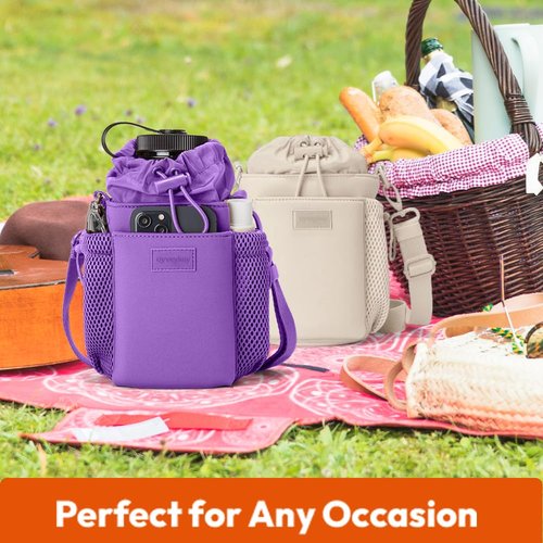 OYVEYKAY Water bottle holder carrier bag tumbler compatible with stanley Hydroflask with adjustable straps and 3 pockets premium quality (Purple)