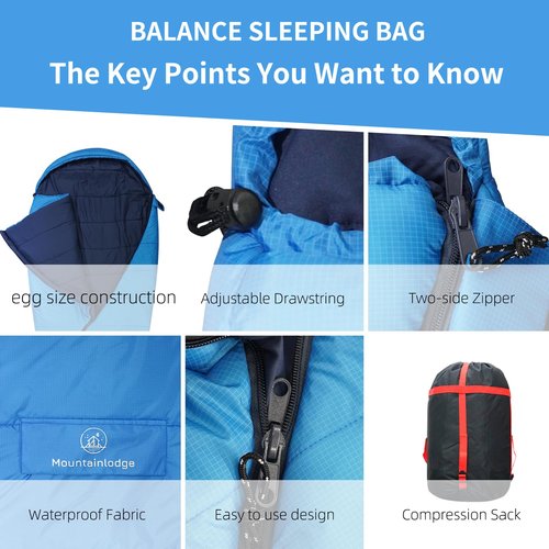 Mountainlodge Balance Sleeping Bag for Adult&Kids,Cold&Warm Weather with Compression Sack and Water Resistant for Family Camping,Travel and Car Camping (Blue)