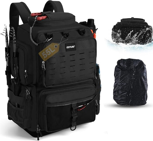 Goture IPX EVA Bottom Fishing Tackle Bag with Rod Holder, Waterproof 600D Fishing Backpack with 8 Lure Pockets & Rain Cover