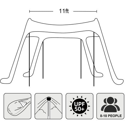 AMMSUN Beach Tent Portable Beach Canopy,11ft X 11ft Sun Shelter Easy Setup, 11'x11' Lycra Sun Shade with UPF50+ Protection 4 Sand Bags & 4 Poles for Family at The Camping, Beach & Outdoor