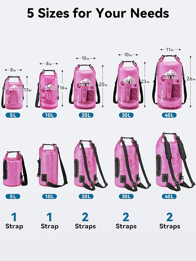 HEETA Dry Bag Waterproof for Women Men, 5L/10L/20L/30L/40L Roll Top Lightweight Dry Storage Bag Backpack with Phone Case for Travel, Swimming, Boating, Kayaking, Camping & Beach, 11 Transparent Colors