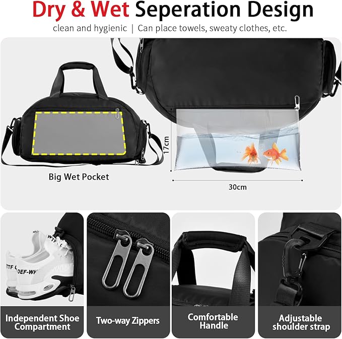 FIORETTO 30L Sports Gym Duffle Bag with Wet Pocket & Shoe Compartment, Weekender Hospital Overnight Bag for Women, Sports Holdall Backpack
