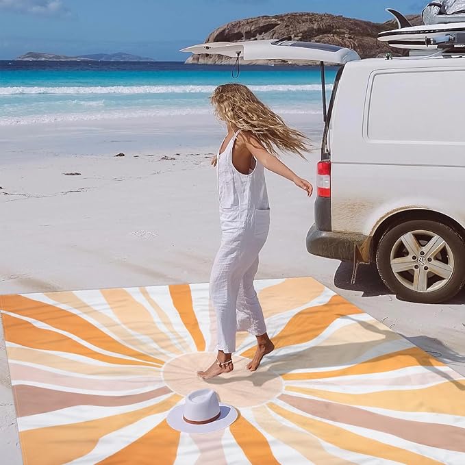 Waterproof Sandproof Beach Blanket, 9 Ft X 10 Ft Extra Large Beach Mat for 8 Adults, Lightweight Polyester Outdoor Picnic Blanket for Travel, Hiking, Camping, Beach Accessories for Vacation
