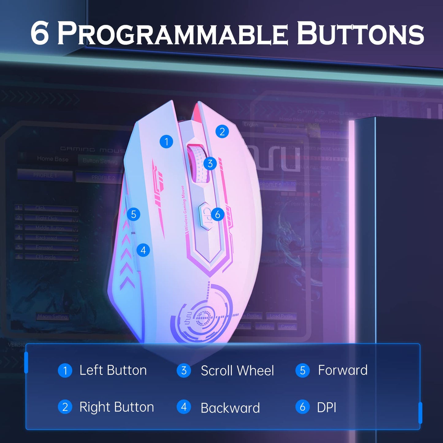 UHURU Wireless Gaming Mouse Up to 12000 DPI, Rechargeable USB-C Wireless Mouse with 7 Buttons 7 Dynamic LED Color Ergonomic Programmable MMO RPG for PC Laptop, Compatible with Windows Mac