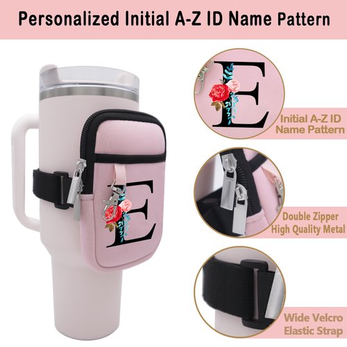 Initial A-Z Water Bottle Pouch for Stanley Cup Gym Tumbler Accessories, Compatible with Stanley Quencher Adventure IceFlow Yeti 40oz 30oz 20oz, Personalized Name ID Pocket for Cash, Phone, Key (E)