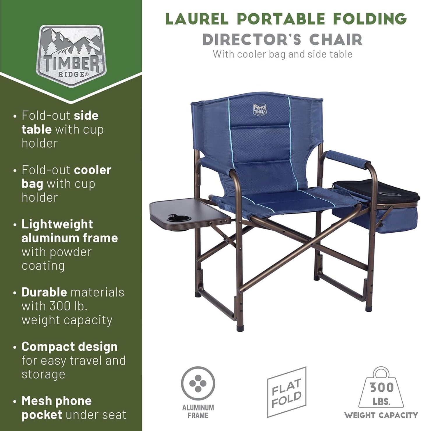 TIMBER RIDGE Lightweight Camping Chair, Portable Laurel Director's Chair with Foldable Side Table, Cooler Bag & Mesh Pocket, Compact Outdoor Folding Lawn Chair, Supports 300lbs, Grey