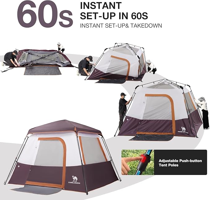 CAMEL CROWN Cabin Tent with 1-Minute Setup, 4/6 Person Instant Tent with Weatherproof Floor