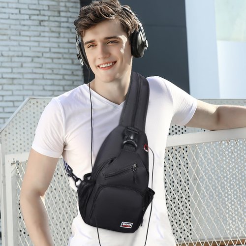 VALUEQLO Convertible Sling Bag Crossbody Backpack with Headphone Jack, Small Shoulder Chest Bag Casual Daypack for Women Men Hiking Travel Cycling, Black