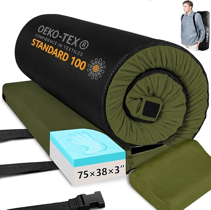 VINGLI 3 "Memory Foam Sleeping Pad Camping Mattress, Portable Floor Mattress Sleeping Mat Bed Roll Up for Guests Adult with Pillow & Phone Pocket