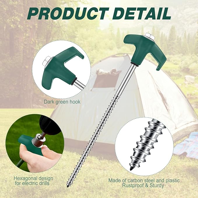 Hicarer 10 Pcs 8'' Screw in Tent Stakes Heavy Duty Ground Anchors Screw in Tent Pegs Ground Stakes Tent Spikes Metal Tent Spikes with Hex Head Driver for Camping Garden Canopies (Dark Green)