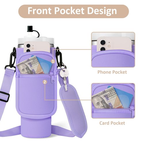 Water Bottle Holder Bag with Strap for Stanley 40 oz 30 oz Tumbler Insulated Cup Sleeve Sling with 2 Pockets & Straw Cap for Stanley Cup Accessories-Purple