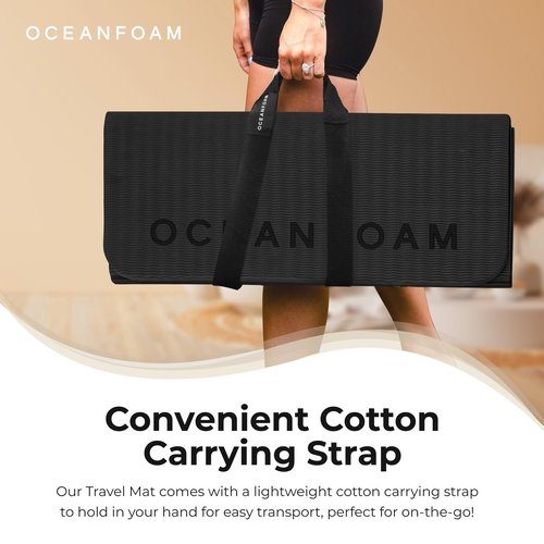 Oceanfoam Travel Workout Mat – 0.3" Thick Folding Exercise Mat for Yoga, Pilates, & Fitness – Non-Slip with Cotton Carrying Strap, Made with Sustainable Algae Foam – 24" x 72" (Charcoal)