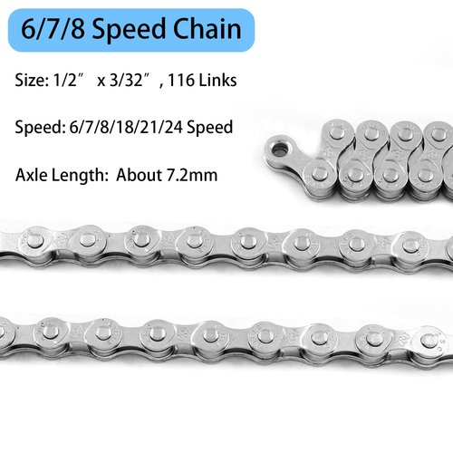 Waziaqoc 6/7/8 Speed Bike Chain 1/2 x 3/32 Inch 116 Links, Mountain Bike Chain, Metal Bicycle Chain, Silver