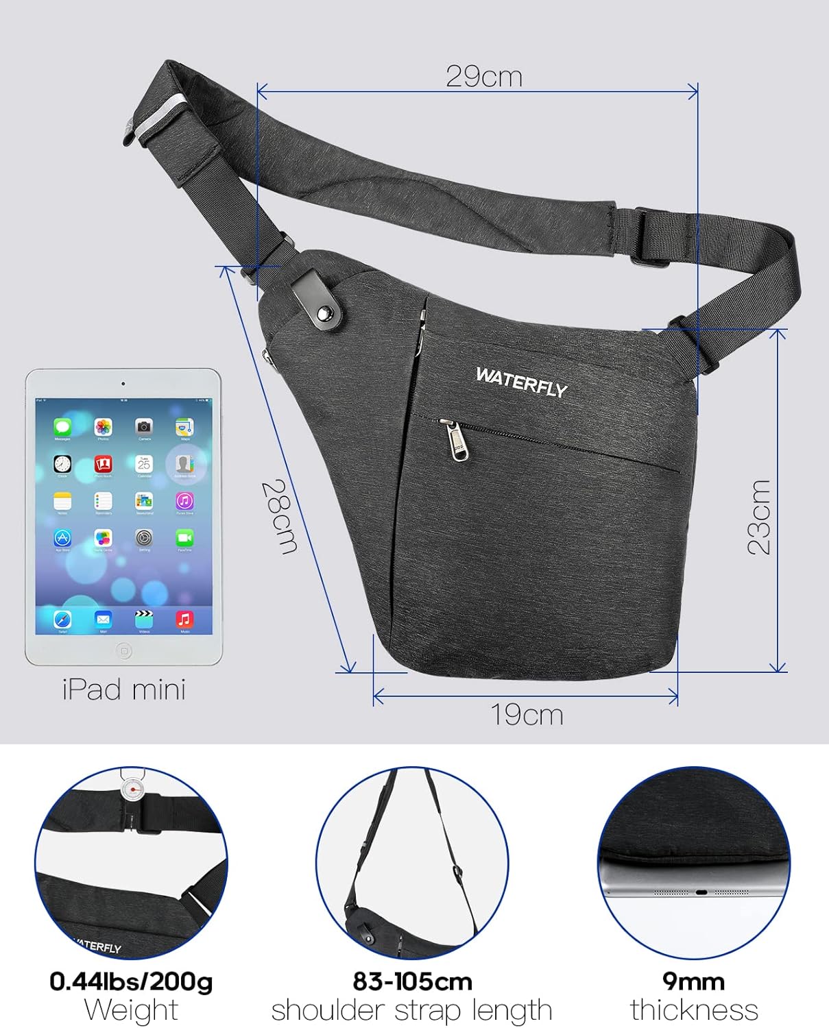 WATERFLY Sling Crossbody Chest Bag: Slim Anti-Theft Cross Body Bag Over Shoulder Backpack Stealth Side Pack Man Woman