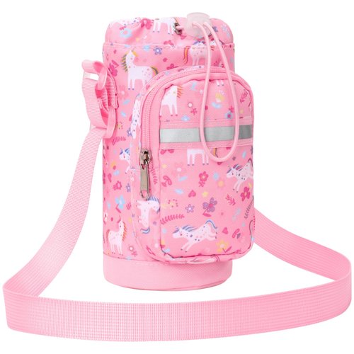 BrainyBees Water Bottle Carrier for Kids - Water Bottle Holder Sling Bag with Adjustable Strap, Girls Water Bottle Bag for 10/12/14/16/18Oz Water Bottles Walking Hiking Trip Camping, Pink Unicorn