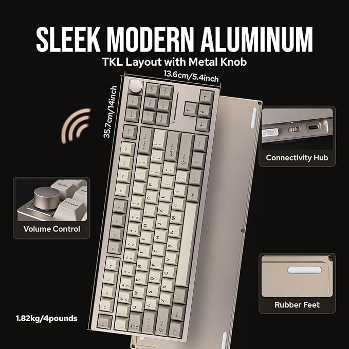EPOMAKER P87 TKL Aluminum Wireless Gaming Keyboard, QMK/VIA Programmable, 87% Bluetooth/2.4Ghz/USB-C, with CNC Metal Knob and RGB Backlight (Khaki, Wisteria Tactile Switch)