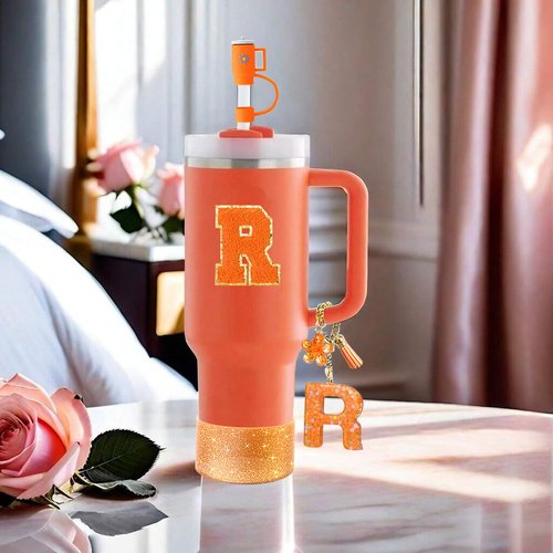 Stanley Cup Accessories Set of 6 PCS, Including Letter Stickers, Letter Chains, Straw Caps, Cup Sleeves, and Spill Proof Stoppers, Orange, 30 Oz 40 Oz, Water Bottle Carrier Set(Cup Not Included)
