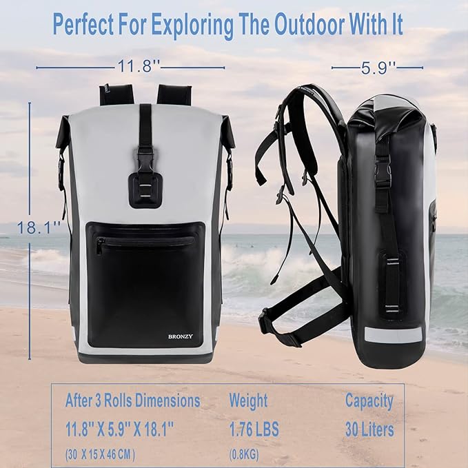 Waterproof Backpack Waterproof Bag Dry Bags 30L Roll Top Closure Travel Bags For Kayaking Camping Boating Hiking Beach (Gray)