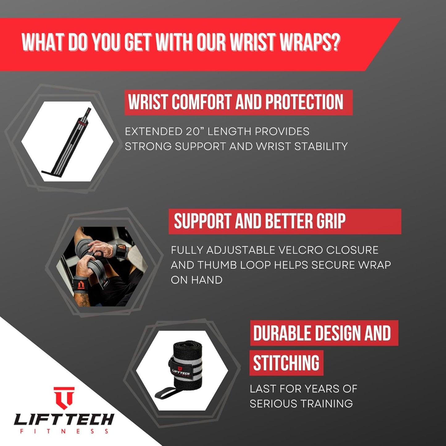 PRO 20'' Lifting Wrist Wraps - Wrist Wraps for Weightlifting Men and Women Suitable - Thumb Loop Wrist Straps for Crossfit, Strength Training - Pair of 2