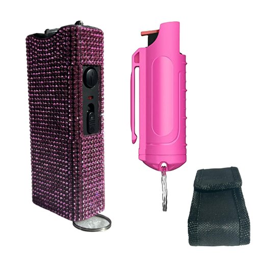 Rhinestone Stun Gun Keychain – Compact Rechargeable Self-Defense Taser with Flashlight, Holster & Keyring for Women’s Personal Safety