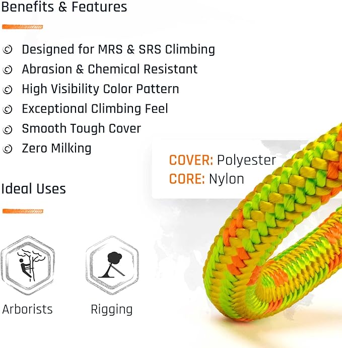 Pelican Rope Arborist Rope 11.8mm x 200Ft High-Strength 24-Strands Static Climbing Rope | 7,000 lb Strength for Tree Climbing, Pulling, Outdoors & Swing | Made in USA - Red, Plain End