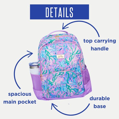 Lilly Pulitzer Large Backpack with Pockets, Adjustable Strap, and Handle, Large Bookbag for Work and Travel, Secret Escape