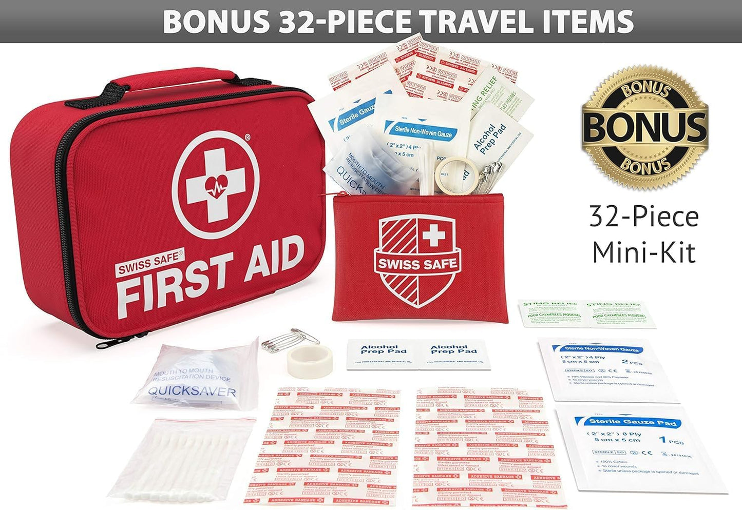 Swiss Safe 2-in-1 First Aid Kit for Car, Travel & Home, Businesses - Bonus Mini Kit for Medical Emergency Aid, Survival, Camping - 64 Piece, Travel FAK