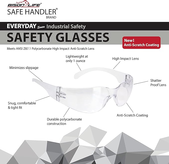 BISON LIFE Clear Lens Clear Temple Safety Glasses | One Size, Adult, Youth, Clear Protective Polycarbonate Lens Clear Temple, Clear, 24 PAIRS