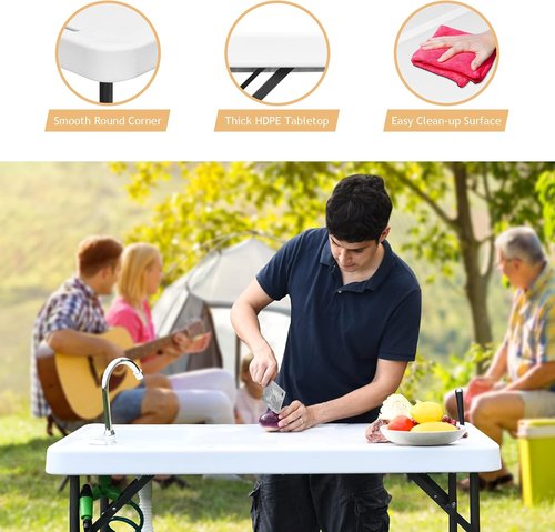 Goplus Folding Fish Cleaning Table with Sink and Spray Nozzle, Heavy Duty Fillet Table with Hose Hook Up and Faucet, Portable Outdoor Camping Sink Station for Dock Beach Patio Picnic