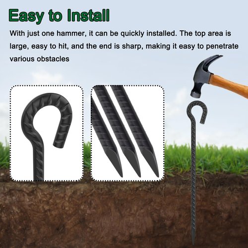 18 Inch Rebar Stakes with Loop 12 Pack Camping Tent Ground Anchors Heavy Duty 1/2 Inch Diameter Metal Tree Stakes and Supports for Leaning Trees, Dog Tie Out Stake, Garden Rope Fence Stakes, Black