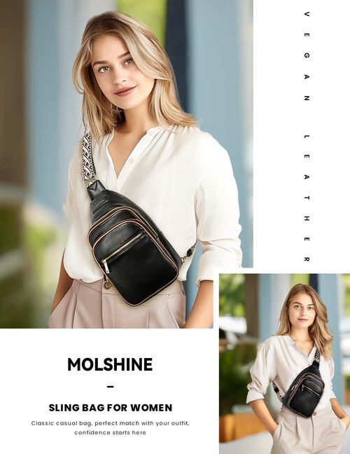 molshine Faux Leather Sling Crossbody Bag, Fashion Chest, Casual Shoulder Bag for Men Women Work Travel Cycling DLK0038 (Black)
