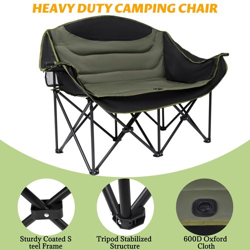 UBALANCE Double Camping Chair for Adults - Heavy Duty 650LBS Portable Camping Chairs Oversized Camping Loveseat, Folding Camping Chair for Garden Lawn Sport Picnic Beach Fishing (Green)
