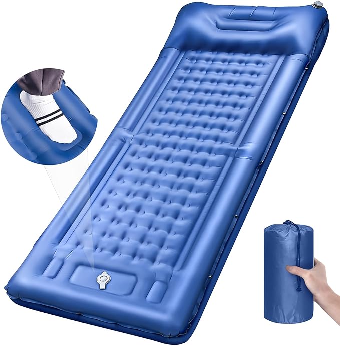 Camping Sleeping Pads，Extra Thick 5 Inch Inflatable Sleeping Mat with Pillow Built-in Pump，Oversized Mattress Super Portable Backpacking Sleeping Pad (Blue, Single)