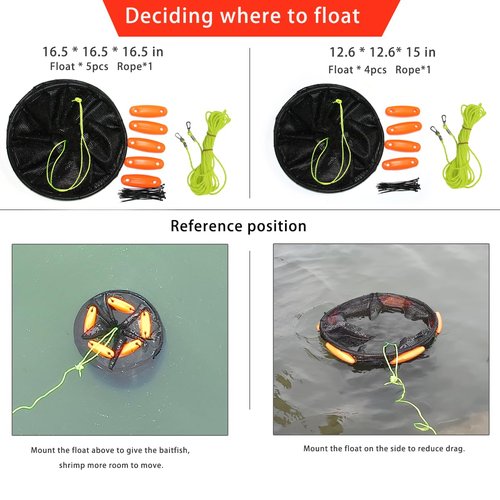 Drasry Large Portable Floating Fishing Basket for Caught Bait Shrimp Minnow Crab Live Well Coated Nylon Net Mesh Collapsible Storage Cage Rubber Kayak Fish Net Bucket(12.6 * 12.6 * 15 in)