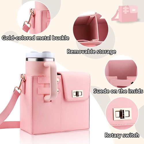 Outdoor Portable Crossbody Water Cup Storage Bag Crossbody Cup Holder Bag Multifunctional Leather Water Bottle Holder with Adjustable Shoulder Strap (Pink)