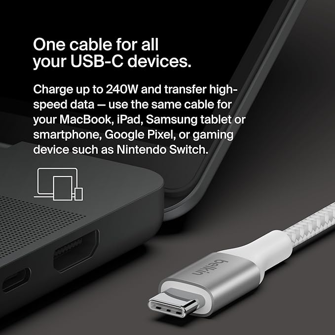 Belkin USB C to USB C Cable, 3.3ft, 240W - Type C Charger, iPhone Charger Cord, Fast Charging for iPhone 16, Galaxy S25, Pixel 9, MacBook, Chromebook, iPad Pro, Switch Steam Deck - White