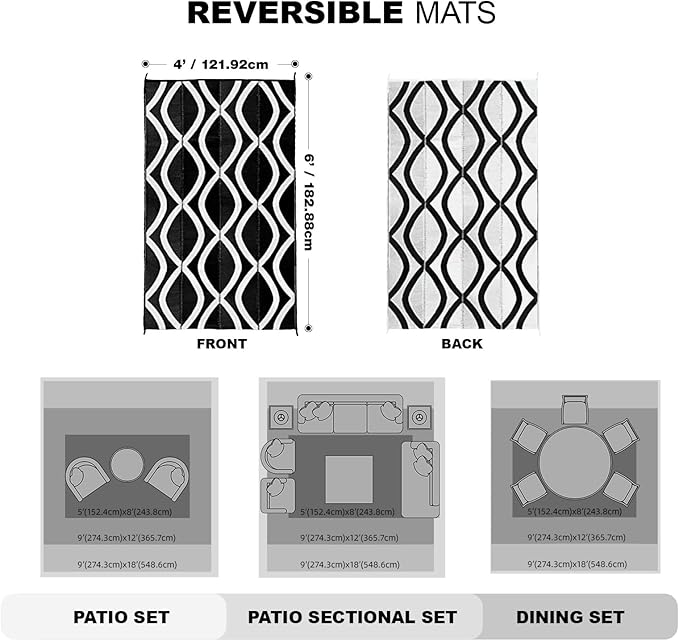 wikiwiki Outdoor Rug, 4x6ft Waterproof Reversible Mat Indoor Outdoor Rugs Carpet, Small Area Rug Plastic Straw Rug for Patio Deck Balcony Pool RV Camping Beach Picnic, Black & White, Rugscape Series