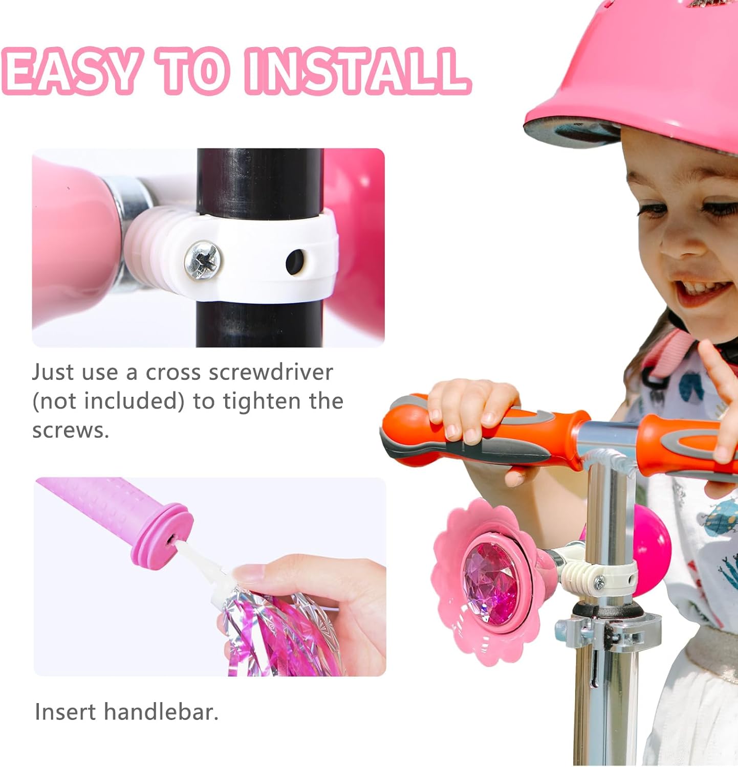 U-LIAN Kids Streamers and Bike Bell for Girls-1 Pack Flower Bicycle Bell with 2 Pack Handlebar Streamers Scooter Tassels for Children's Bike Accessories
