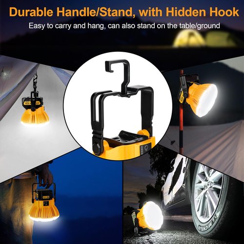 GRVODFRTA 2400LM LED Camping Lantern Light for Dewalt 18V 20V MAX Battery, 3 Adjustable Brightness Cordless Portable LED Work Light Floodlight with Hook for Tent Jobsite Ceiling Light(No Battery)