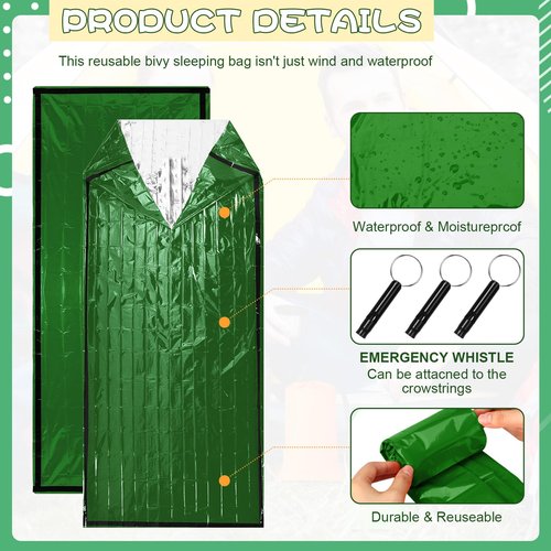 Qunclay 6 Set Emergency Sleeping Bag Portable Bivy Sack with Whistles Thermal Waterproof Survival Bag Foldable Lightweight Emergency Supplies for Outdoor Travel Camping Hiking(Green)