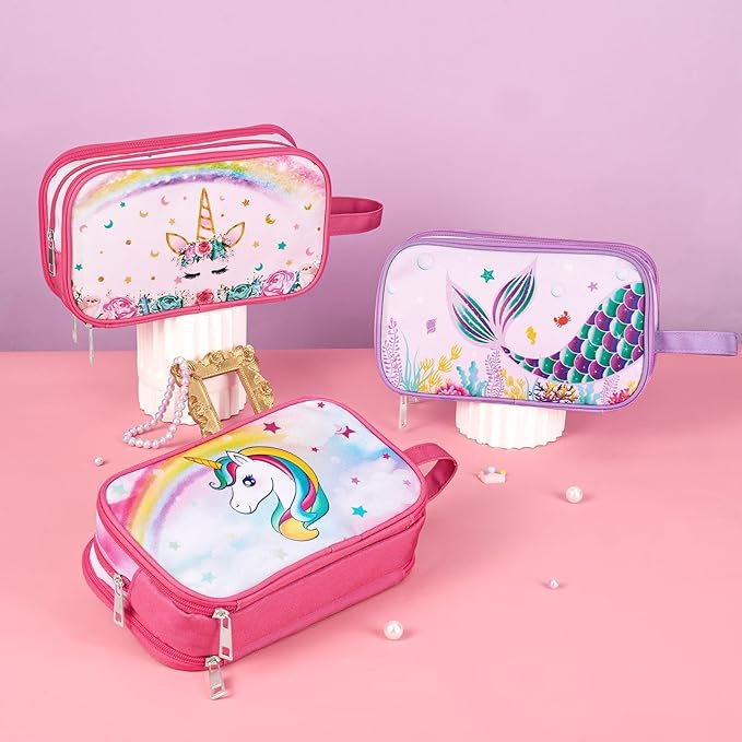 WAWSAM Mermaid Toiletry Bag - Kids Toiletry Bag for Girls Christmas Birthday Gift Camping Travel Toiletry Case Toiletries Makeup Cosmetic Pouch Pink Water-resistant Wash Bag Dopp Kit with Mesh Pocket