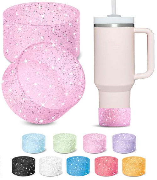 KTKUDY 2 PCS Glitter Silicone Boot Compatible with Stanley Tumbler 20 30 40 oz & Fits Hydro Flask Water Bottle 12-24oz & Fits Yeti, Simple Modern, Owala Cup - Bling Cup Bottom Protector Accessories