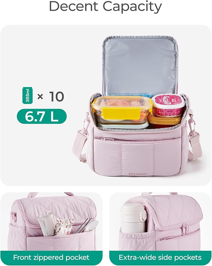 BAGSMART Insulated Lunch Bags for Women, Cute Quilted Lunch Box, Lightweight Puffy Padded Waterproof Lunch Tote, Reusable Lunch Cooler for Work Picnic Travel, Light Blue