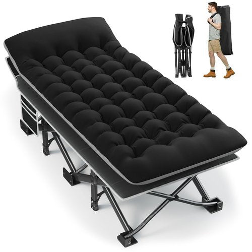 Fragess Portable Camping Cot, 32" Extra Wide Camping Cots for Adults with Thick Mattress, Heavy Duty Sleeping Cot Holds Up to 600LBS, Cots for Sleeping, Rv, Beach, Patio, Office Naps(Black)