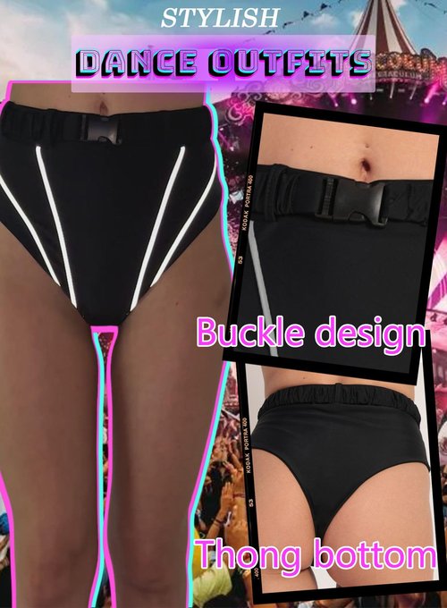 Womens Reflective Rave Booty Shorts - High Waist Thong Bottom Buckle Waistband EDC Pole Dance Pants Festival Outfit(Black,L,13172a)