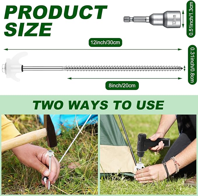 JaGely 10 Pcs 12 Inch Tent Stakes Heavy Duty Grow in the Dark Tent Stakes Metal Screw in Camping Stake with Luminous Head Ground Anchor Peg with Hex Head Driver for Camping Yard Decor (Luminous White)