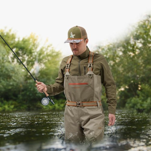 BASSDASH Men’s IMMERSE Tan Waders Waterproof Breathable Fly Fishing Stocking Foot Chest Waders for Hunting Lightweight